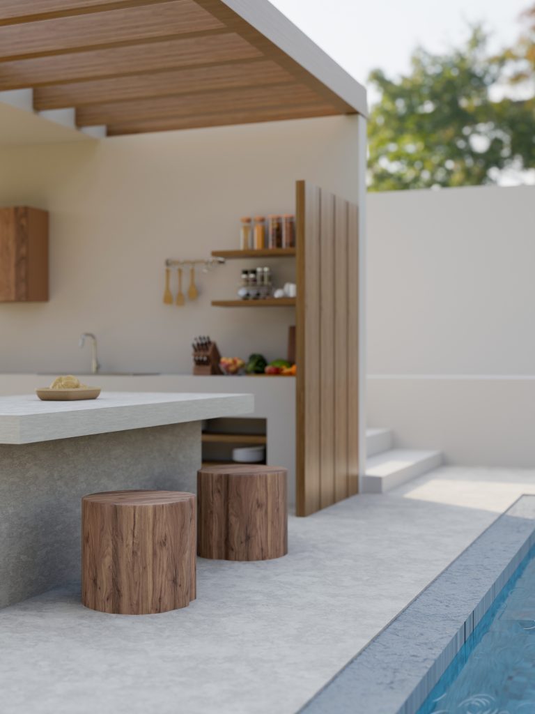 Une cuisine extérieure moderne et fonctionnelle avec espace de cuisson et piscine.