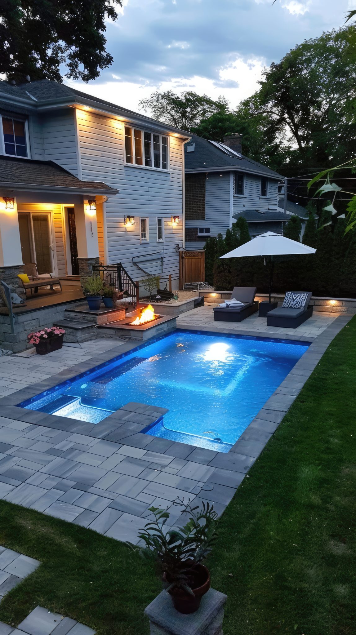 Une grande maison grise avec une piscine dans le jardin, entourée d'arbres et de buissons verdoyants.